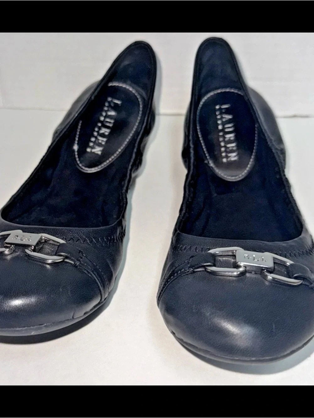 Lauren Ralph Lauren Black Leather Ballet Flats with Buckle Accent